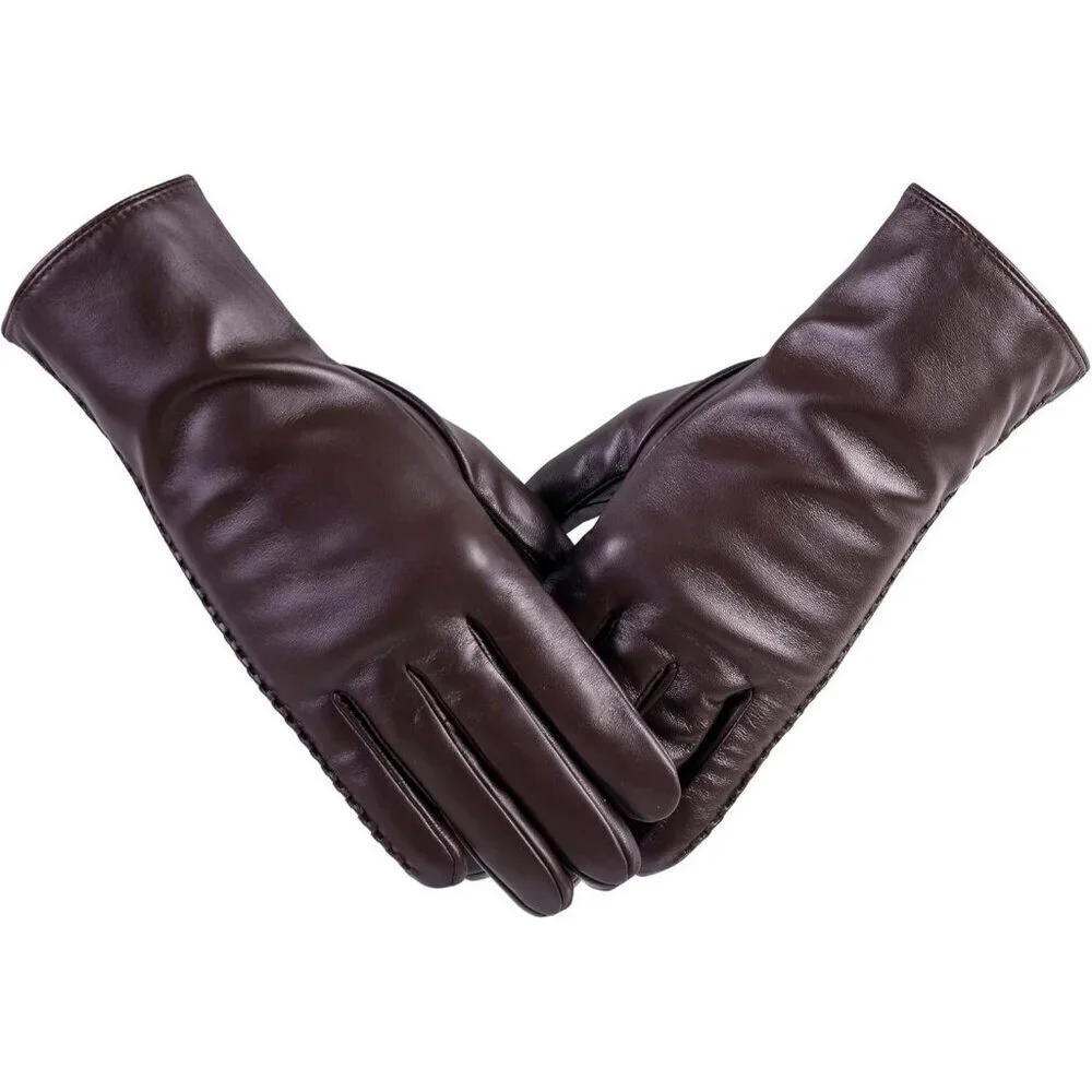 Women's Genuine Sheepskin Leather Gloves Winter Warm  Driving Dress Gloves Brown